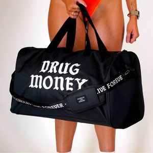 “Drug Money” funny Black Duffle Bag in serif script, embroidered brand new